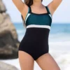 Leonisa Teal Color Block with Fishnet Overlay – Sporty Slimming One Piece Swimsuit -Her Room US leonisa leo001 190698b gs