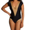 Leonisa Black and Gold Double Plunge Shaping One Piece - Cap Sleeve Tummy Control Swimsuit 1 Leonisa Black and Gold Double Plunge Shaping One Piece - Cap Sleeve Tummy Control Swimsuit -Her Room US leonisa leo001 190952n gs