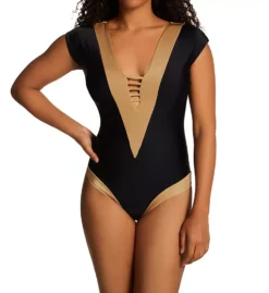 Leonisa Black and Gold Double Plunge Shaping One Piece - Cap Sleeve Tummy Control Swimsuit
