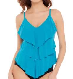 Magicsuit Solid Black Rita Tiered Ruffle Wireless Tankini - Slimming Modest Swim Top