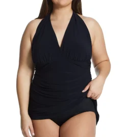 Magicsuit Plus Size Yvonne Black Slimming Swim Dress – Ruched Halter Plunging One-Piece -Her Room US magicsuit mags01 606080w cs1