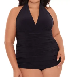 Magicsuit Plus Size Yvonne Black Slimming Swim Dress – Ruched Halter Plunging One-Piece