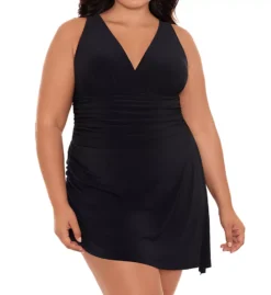 Magicsuit Celine Plus Size Solid Black Slimming – Ruched Fishtail Hem One-Piece Swim Dress
