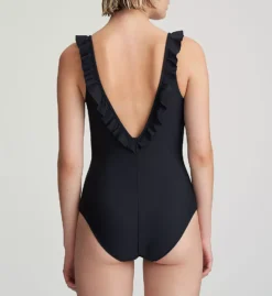 Marie Jo Aurelie Black Ruffled One Piece Swimsuit – Plunge V-Neck with Gold Clasp Belt -Her Room US marie jo mjo01 1002334 bs