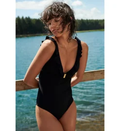 Marie Jo Aurelie Black Ruffled One Piece Swimsuit – Plunge V-Neck with Gold Clasp Belt