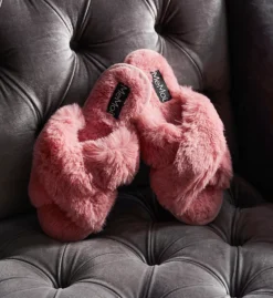 Beverly Faux Fur Open Toe Plush Slipper – Crisscross Strap Memory Foam House Shoe