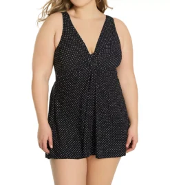 Miraclesuit Plus Size Pin Point Marais Swimdress – Black and White Polka Dot Slimming One Piece -Her Room US miraclesuit mira01 6518835 fs