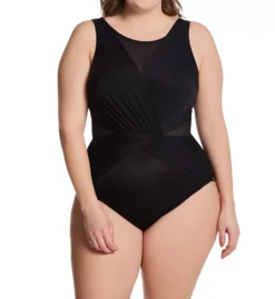 Miraclesuit Midnight Black Illusionists Palma – Plus Size Sheer Mesh Inset Ruched One Piece Swimsuit -Her Room US miraclesuit mira01 6518885 fs