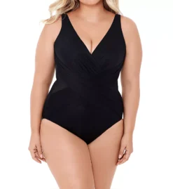 Miraclesuit Plus Size Black Crossover One Piece Swimsuit – Slimming Ruching & Sheer Inset Bathing Suit