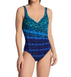 Miraclesuit Ocean Ombre Teal Geometric Wrap Front One Piece Swimsuit