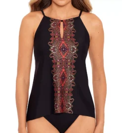 Miraclesuit Kashmir Black and Teal Gold Metallic – Peephole Handkerchief Hem Tankini Top