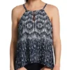 Miraclesuit Silver Shores Navy and Silver Abstract Print Peephole Tankini – Shimmery High Neck Slimming Swim Top