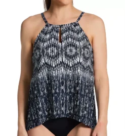 Miraclesuit Silver Shores Navy and Silver Abstract Print Peephole Tankini – Shimmery High Neck Slimming Swim Top
