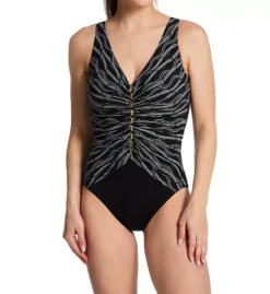 Miraclesuit Linked In Charmer One Piece Swimsuit – Black with Gold Chain Print Slimming V-Neck