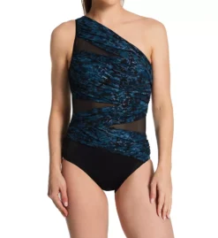 Miraclesuit Titania Jena One Piece Swimsuit – Black Textured One-Shoulder Slimming Swimwear
