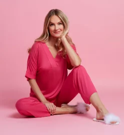 N by Natori Congo Kimono Sleeve Pajama Set - Lightweight Knit Sleepwear with Satin Trim -Her Room US n by natori nn01 ac6205 cs5