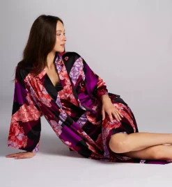 N by Natori Floral Tapestry Red and Purple – Matte Satin Shawl Collar Robe