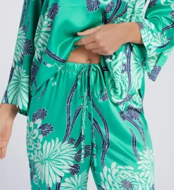N by Natori Blue Chrysanthemum Satin Obi PJ Set – Mandarin Collar & Cropped Pants -Her Room US n by natori nn01 vc06018 cs2