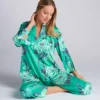 N by Natori Blue Chrysanthemum Satin Obi PJ Set – Mandarin Collar & Cropped Pants -Her Room US n by natori nn01 vc06018 gs