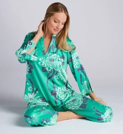 N by Natori Blue Chrysanthemum Satin Obi PJ Set – Mandarin Collar & Cropped Pants