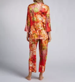 N by Natori Wisteria Garden Floral Satin PJ Set – 3/4 Sleeve Mandarin Collar Top & Crop Bottoms -Her Room US n by natori nn01 vc6007 bs