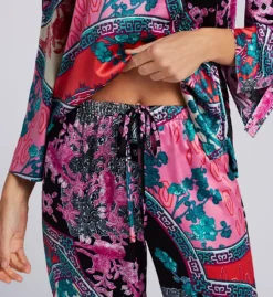 N by Natori Brocade Print Satin PJ Set – V-Neck 3/4 Sleeve Top & Straight Leg Sleepwear -Her Room US n by natori nn01 vc6012 cs2