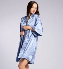 N by Natori Scroll Satin Jacquard Short Robe - Shine & Matte Contrast Pattern Kimono Style
