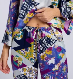 N by Natori Deco Satin Asian Motif Pajama Set – Mandarin Collar 3/4 Sleeve Sleepwear -Her Room US n by natori nn01 wc6139 cs2