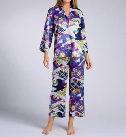 N by Natori Deco Satin Asian Motif Pajama Set – Mandarin Collar 3/4 Sleeve Sleepwear -Her Room US n by natori nn01 wc6139 fs