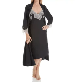 Natori Luxe Shangri-La Navy Blue Long Robe – Floral Lace Flare Sleeve Knit Sleepwear -Her Room US natori nat001 e74056 cs2