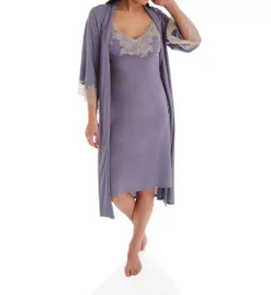 Natori Luxe Shangri-La Navy Blue Long Robe – Floral Lace Flare Sleeve Knit Sleepwear -Her Room US natori nat001 e74056 cs5