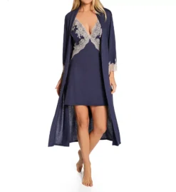 Natori Luxe Shangri-La Navy Blue Long Robe – Floral Lace Flare Sleeve Knit Sleepwear -Her Room US natori nat001 e74056 cs6