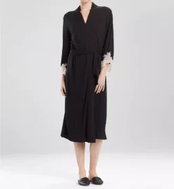 Natori Luxe Shangri-La Navy Blue Long Robe – Floral Lace Flare Sleeve Knit Sleepwear