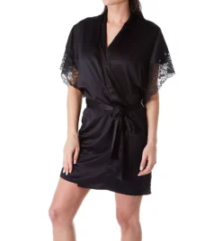 Natori Feathers Satin Wrap with Scalloped Lace – Short Kimono Style Sleep Robe