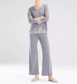 Natori Luxe Shangri-La PJ Set - Lace Trim 3/4 Sleeve Top and Flared Crop Pants
