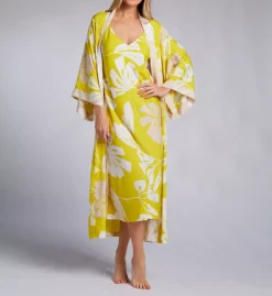 Natori Palma Blue Tropical Palm Print – Lightweight Crepe de Chine 52-Inch Kimono Robe -Her Room US natori nat001 t74035 cs2