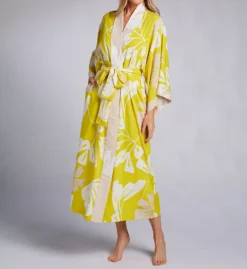 Natori Palma Blue Tropical Palm Print – Lightweight Crepe de Chine 52-Inch Kimono Robe
