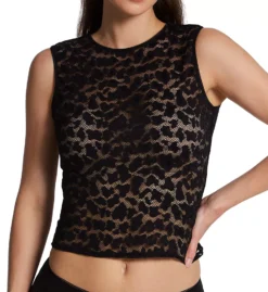 Natori Temptation Tank Black Sheer Abstract Lace - Fitted Sleeveless Sleep Top