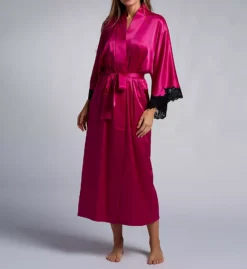 Natori Peony Glamour High-Shine Satin Robe - Floral Lace Trim Kimono Loungewear