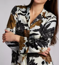 Natori Peony Blossom Black & White Floral Satin – Golden Accent Crop Pajama Set -Her Room US natori nat001 u76035 cs1