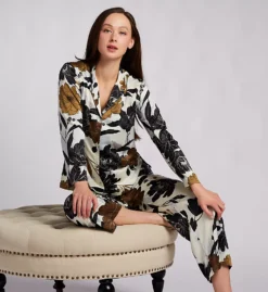 Natori Peony Blossom Black & White Floral Satin – Golden Accent Crop Pajama Set