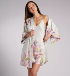 Natori Sumi-E Floral Print Satin Short Wrap Robe – Contemporary Kimono Style Sleepwear -Her Room US natori nat001 v074007 cs2