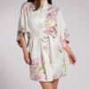 Natori Sumi-E Floral Print Satin Short Wrap Robe – Contemporary Kimono Style Sleepwear
