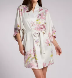 Natori Sumi-E Floral Print Satin Short Wrap Robe – Contemporary Kimono Style Sleepwear