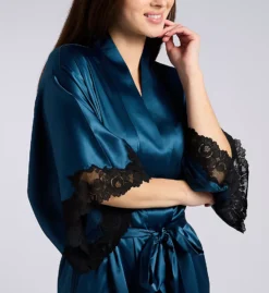 Natori Peony Glamour Pink Short Satin Wrap Robe with Floral Lace Inset Sleeves -Her Room US natori nat001 v74148 cs1