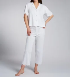 Natori Bliss Serenity Mercerized Cotton Jersey PJ Set – Scalloped Lace Short Sleeve & Crop Pant Sleepwear