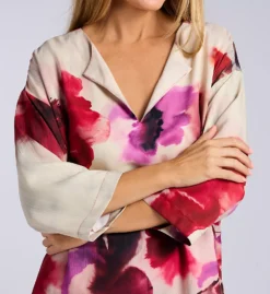 Natori Mizuki Split Neck Watercolor Floral Pajama Set – Matte Satin 3/4 Sleeve Top & Crop Pants -Her Room US natori nat001 w76005 cs1
