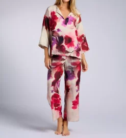 Natori Mizuki Split Neck Watercolor Floral Pajama Set – Matte Satin 3/4 Sleeve Top & Crop Pants -Her Room US natori nat001 w76005 fs