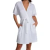 P-Jamas White Pima Cotton Silky Rib Short Wrap Robe – Lace Trim Batwing Sleeve Loungewear