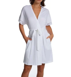 P-Jamas White Pima Cotton Silky Rib Short Wrap Robe – Lace Trim Batwing Sleeve Loungewear